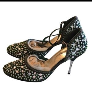 Marichi Mani Heels 8.5 Women Green Metallic Rhinestone Stiletto Party Bridal